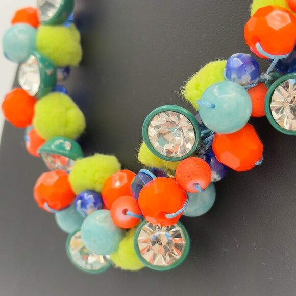 Bright Colorful Beaded Pom Pom Cha Cha Necklace Orange Green Blue Rhinestones - Picture 6 of 13